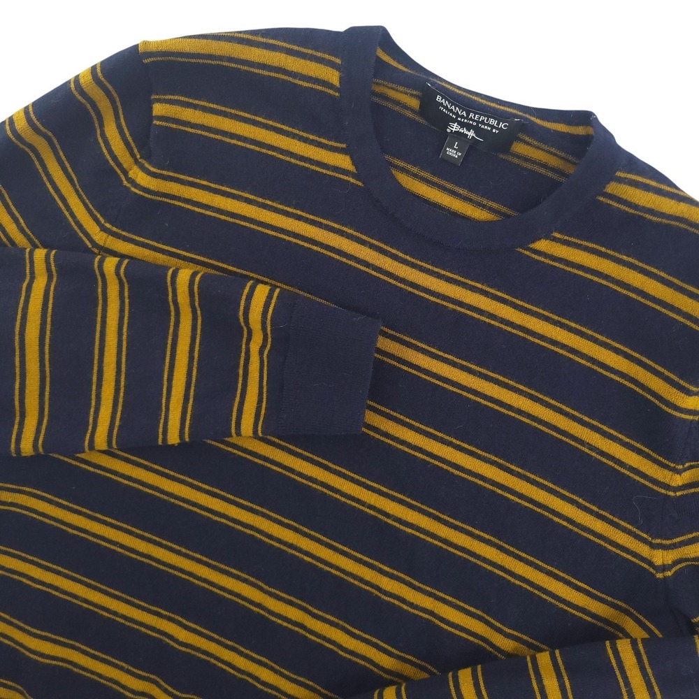 Banana Republic Sweater Mens L Blue‎ Merino Wool Crewneck Knit Pullover Striped